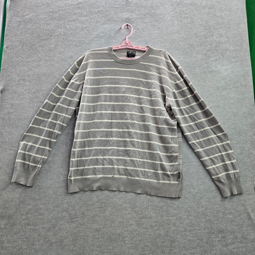 Stussy Men Sweatshirt XL Gray Front Striped Back Plaid Crew Neck Pullover READ